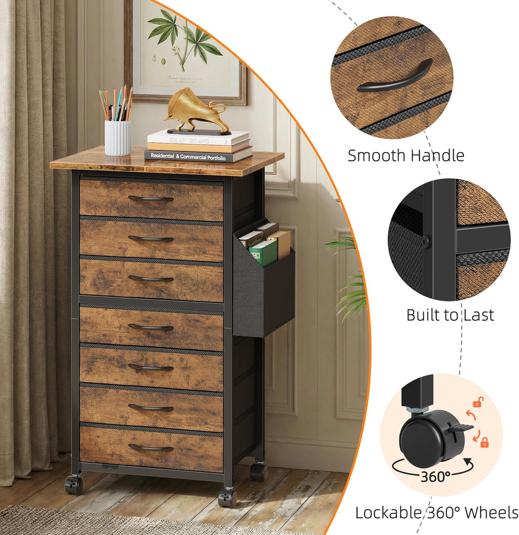 HIGDBFE 7 Fabric Drawers File Cabinet with Side Pocket, Rolling Printer Stand with Storage for Home Office, Wood Top Storage Cabinet for Documents and Crafts, Rustic Brown, 15" D