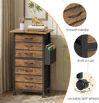 HIGDBFE 7 Fabric Drawers File Cabinet with Side Pocket, Rolling Printer Stand with Storage for Home Office, Wood Top Storage Cabinet for Documents and Crafts, Rustic Brown, 15" D