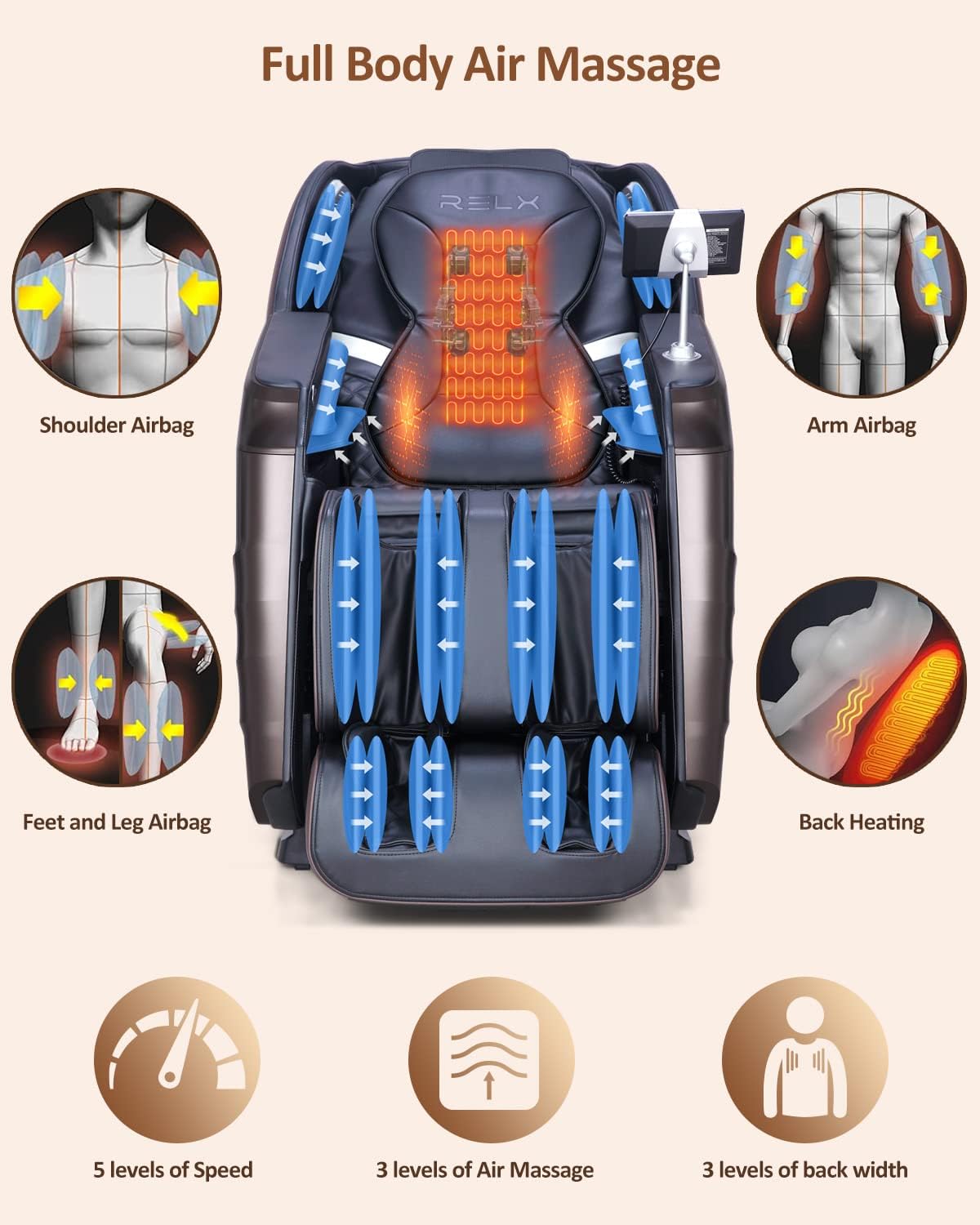 RELX Massage Chair Full Body, 15 Modes Zero Gravity SL-Track Shiatsu Massage Chair Built-in Heat System, Airbag Massage with Body Scan, Deep Yoga Stretch, Calfrest Extension and AI Control(Brown)