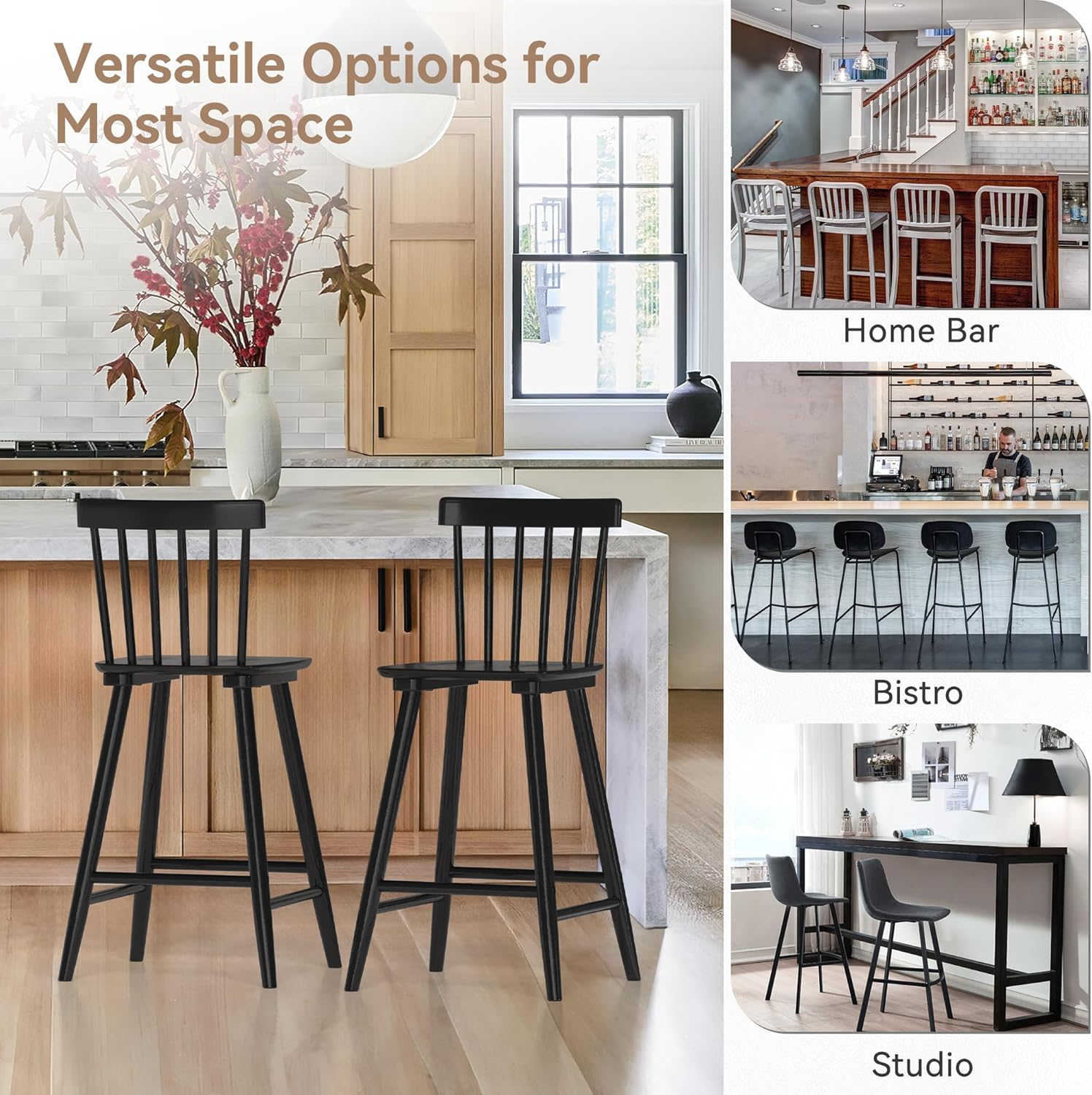 LUE BONA Windsor Wooden Bar Stools Set of 3 for Kitchen Island, Farmhouse 24 Inch Counter Height Stools Chairs with Spindle Back, Black