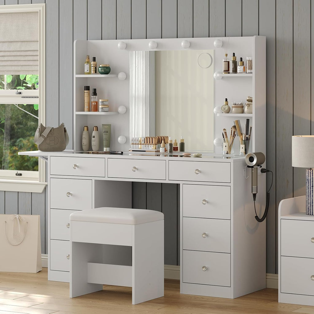 Yanosaku Vanity Desk & Power Outlet, Makeup Vanity with Mirror and 10 LED Lights, 3 Lighting Modes Brightness Adjustable, Makeup Table with 4 Shelves and Fold-up Panel, Vanity Set for Bedroom, White