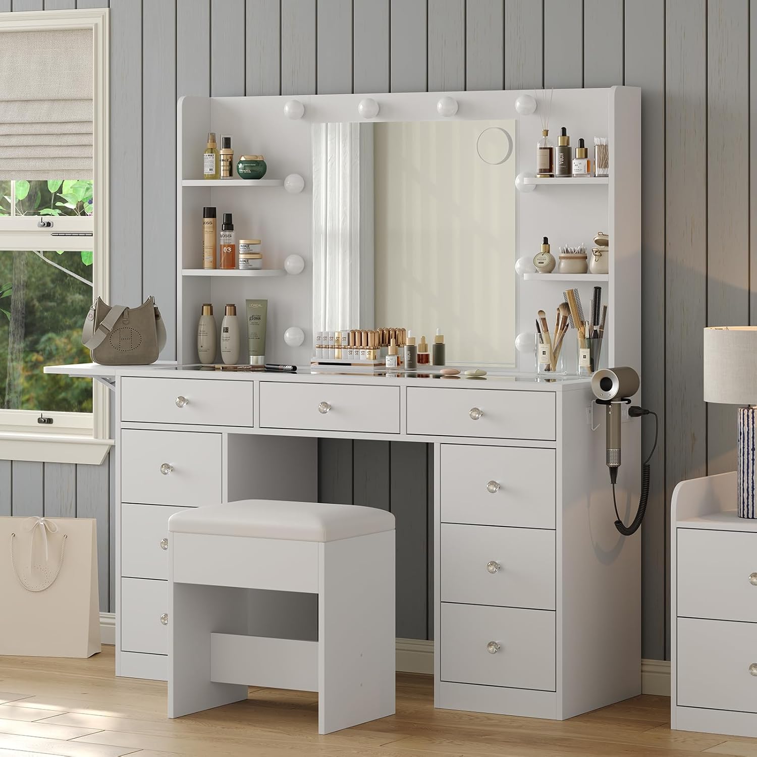 Yanosaku Vanity Desk & Power Outlet, Makeup Vanity with Mirror and 10 LED Lights, 3 Lighting Modes Brightness Adjustable, Makeup Table with 4 Shelves and Fold-up Panel, Vanity Set for Bedroom, White