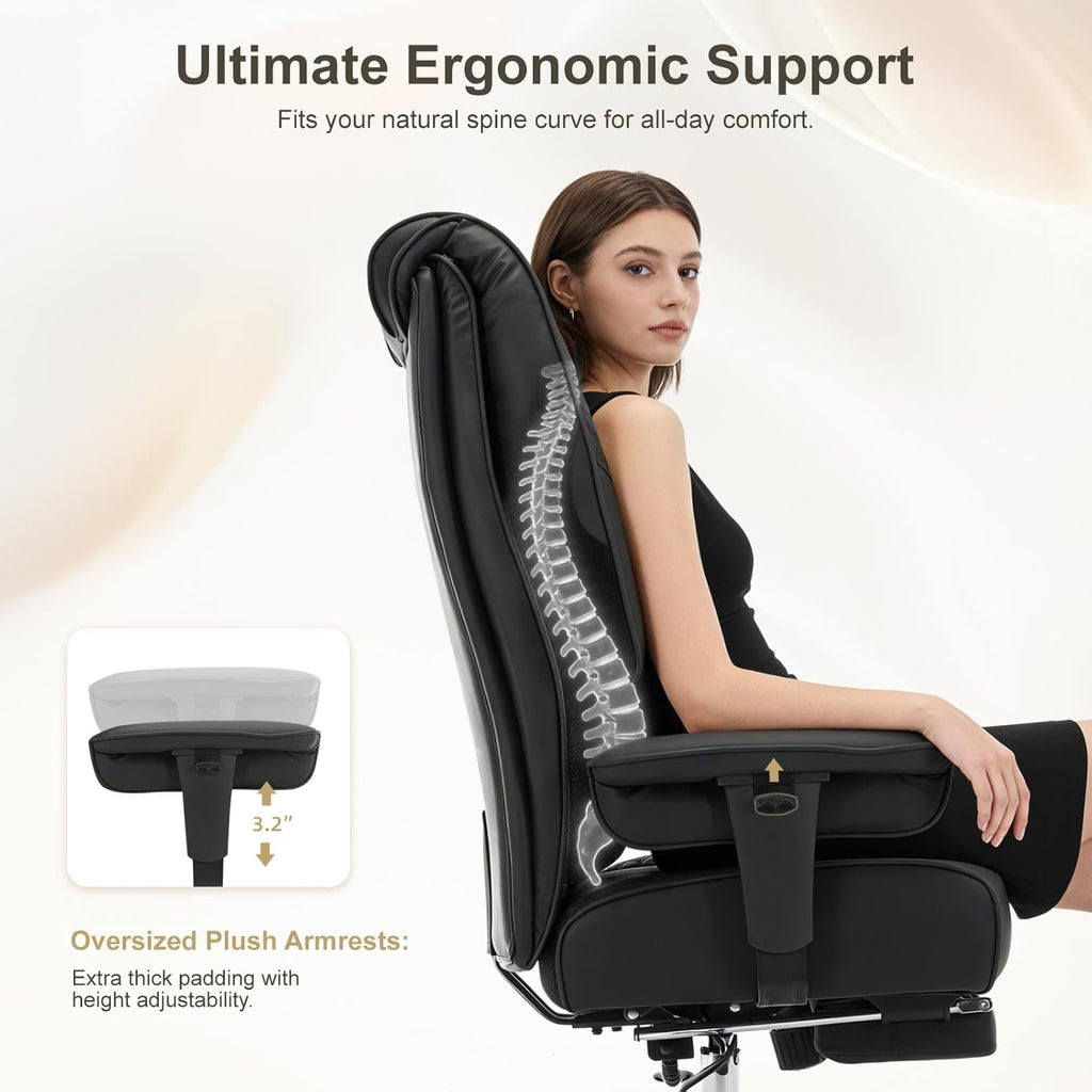 Big and Tall Office Chair 400lbs Wide Seat, Leather High Back Executive Office Chair with Foot Rest, Ergonomic Chairs Lumbar Support for Lower Back Pain Relief (Black)