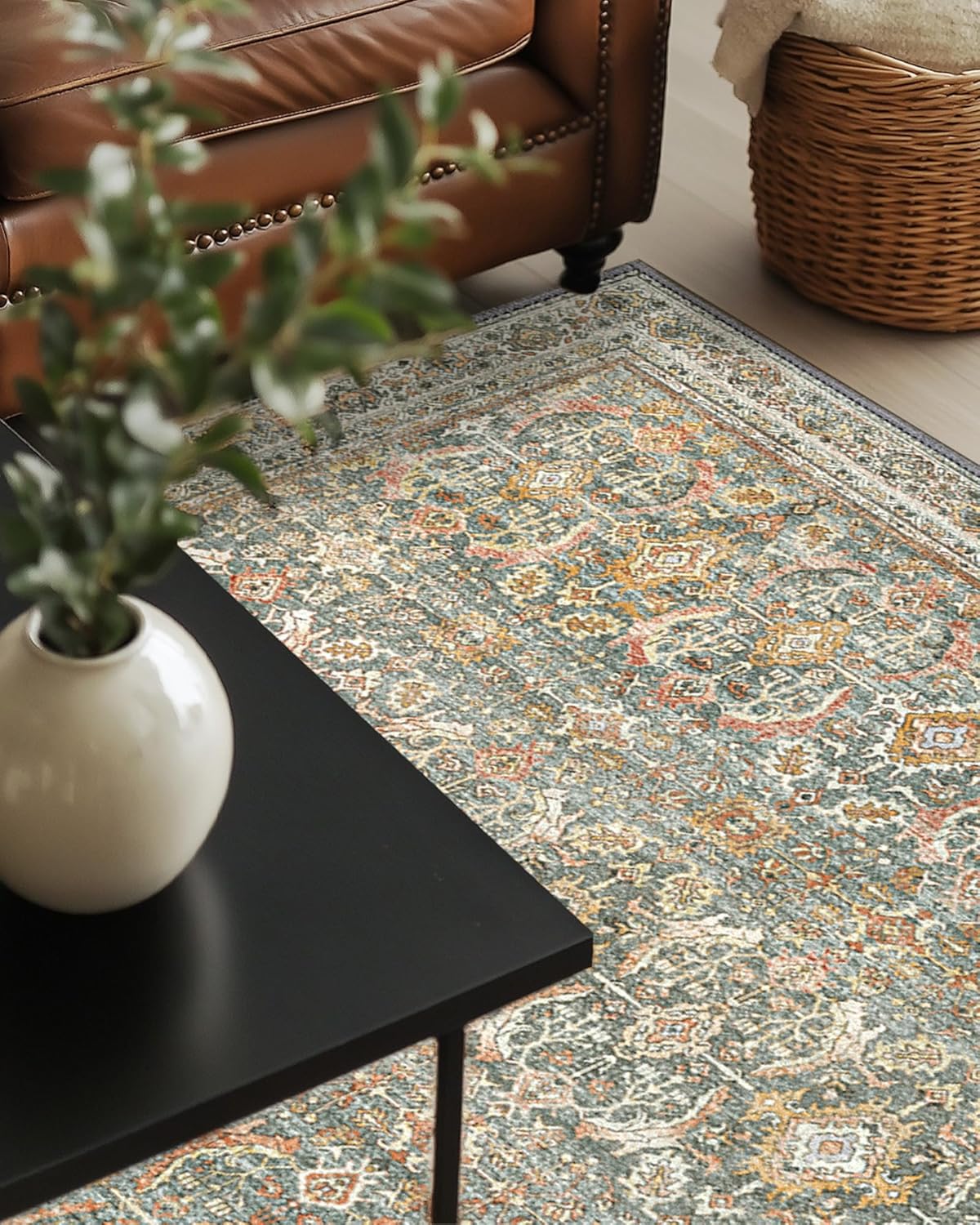 9X12 Amber Gold Area Rug, Vintage Boho Distressed Large Floor Rug, Machine Washable Non Slip Low Pile Lightweight Carpet for Living Room Bedroom Dining Room, Soft Indoor Home Decor