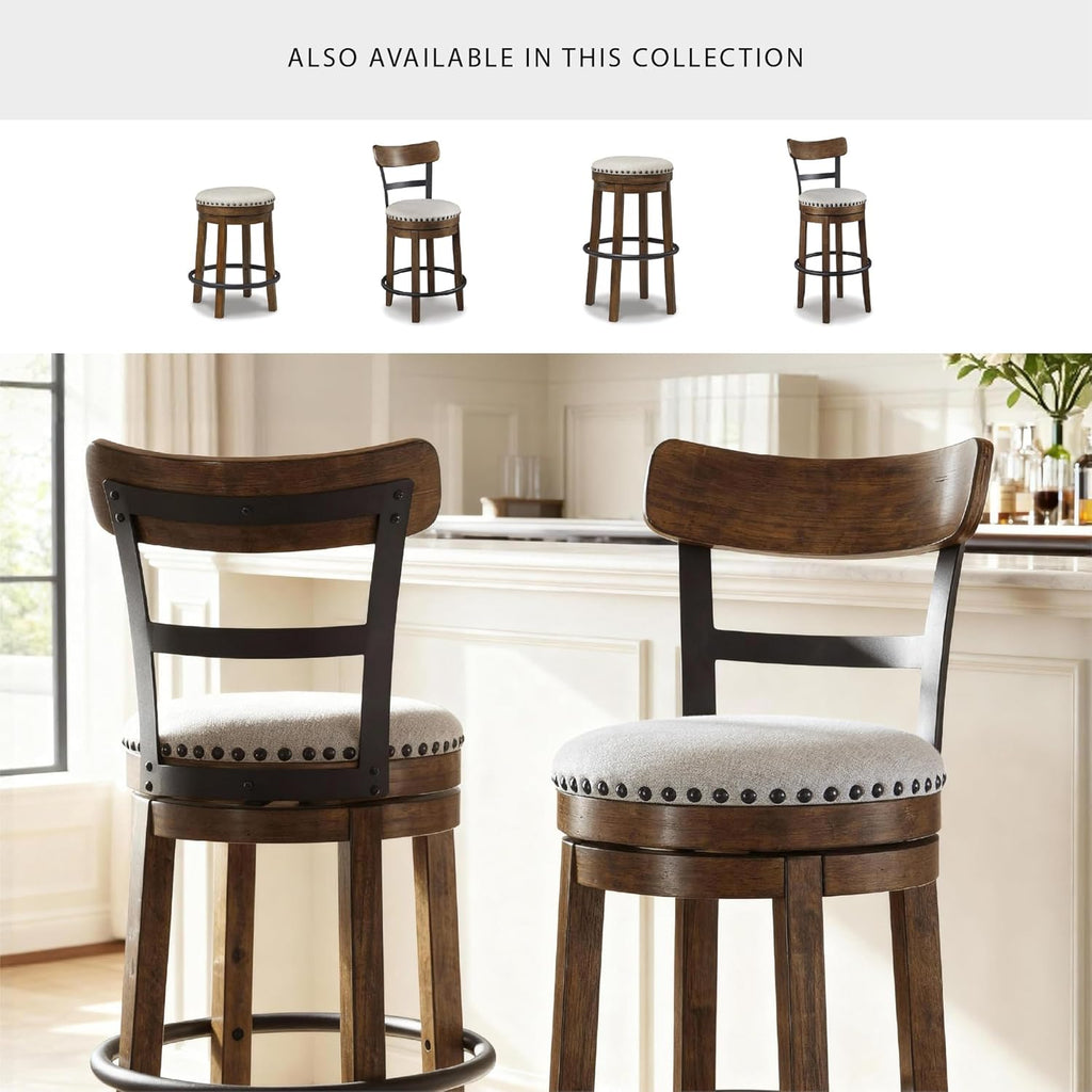 Signature Design by Ashley Valebeck | 30″ Farmhouse Pub-Height Swivel Barstool With Back – Upholstered Cushion, Nailhead Trim, Metal & Wood Frame, Brown