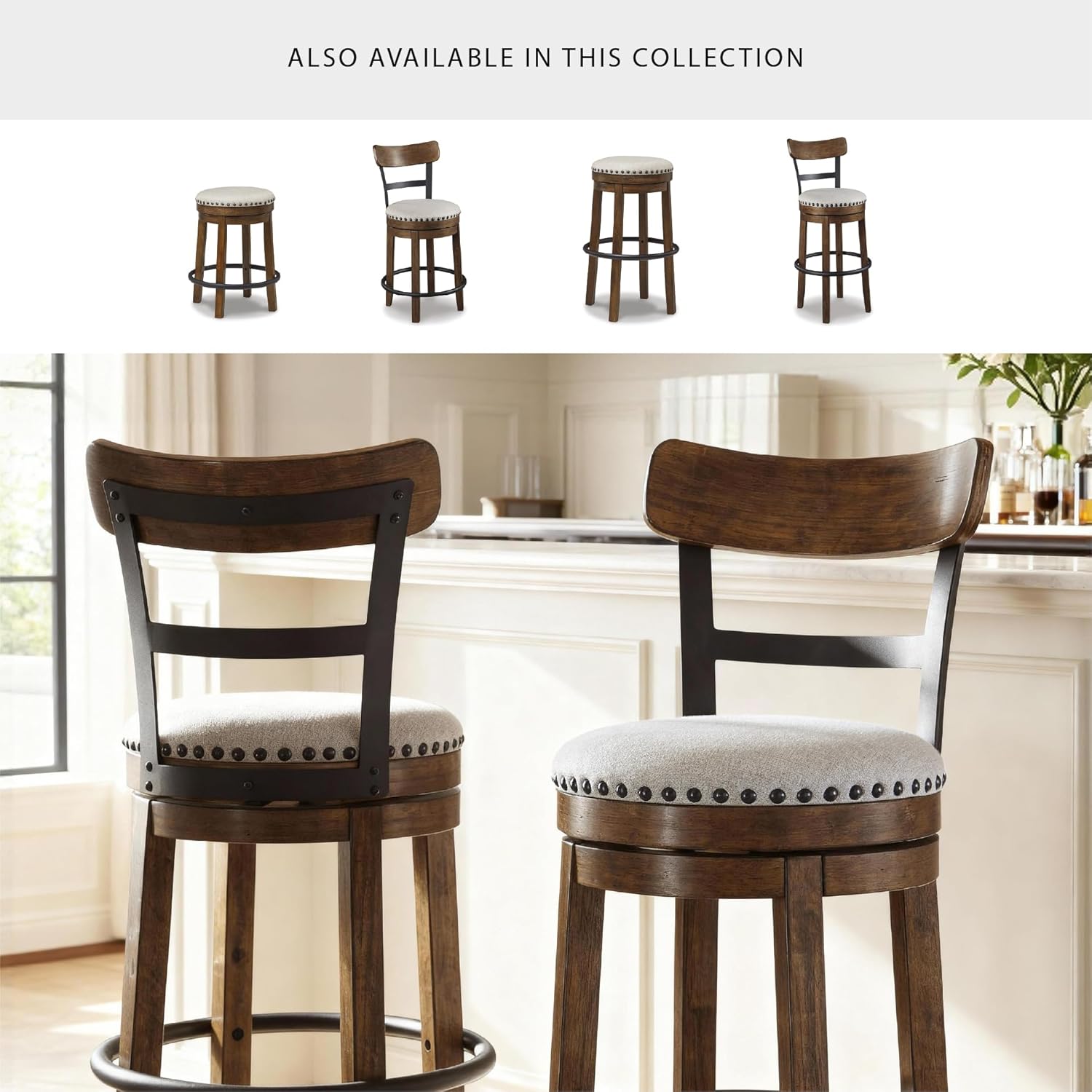 Signature Design by Ashley Valebeck | 30″ Farmhouse Pub-Height Swivel Barstool With Back – Upholstered Cushion, Nailhead Trim, Metal & Wood Frame, Brown