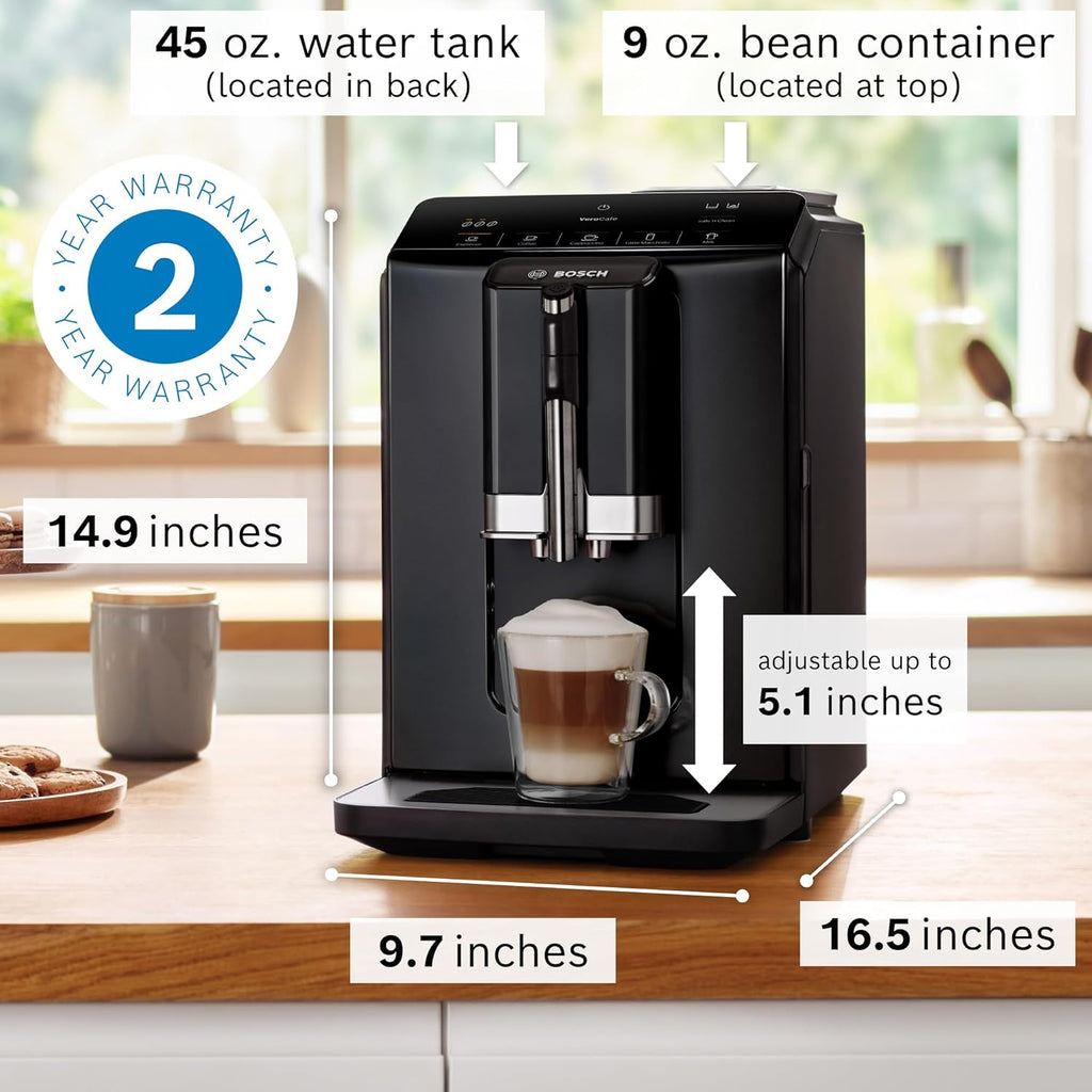 Bosch 300 Series Fully Automatic Espresso and Coffee Machine – One Touch Milk Drinks, Built-In Ceramic Grinder, In-Cup Frother, Easy Clean and Descale, Black TIU20109