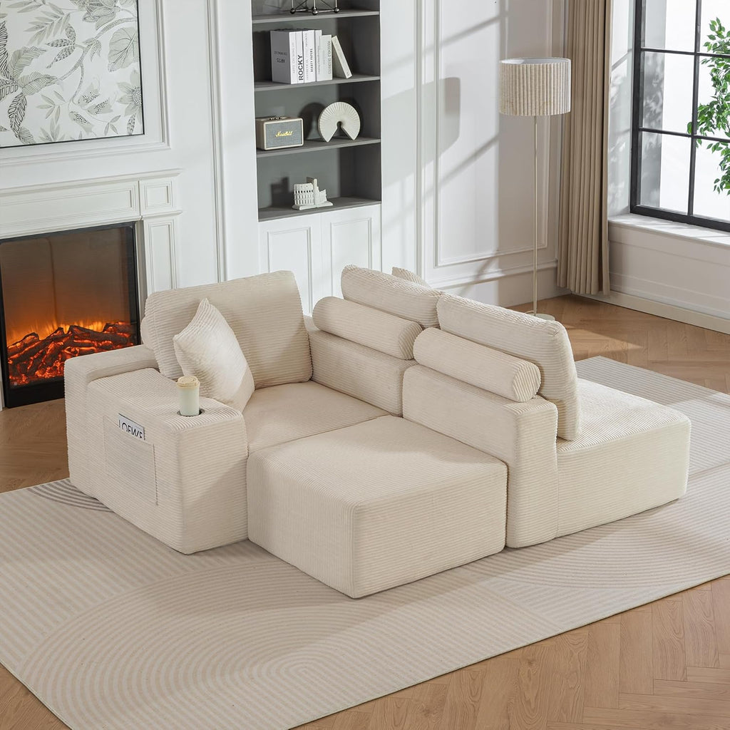 110"Modular Sectional Sofa Couches,Convertible L-Shape Cloud Couch 3 Seat Oversize Chaise with Ottoman,Compressed Foam,Comfy Boneless,Side Pockets,Cup Holders, for Living Room,Apartment,Corduroy Beige