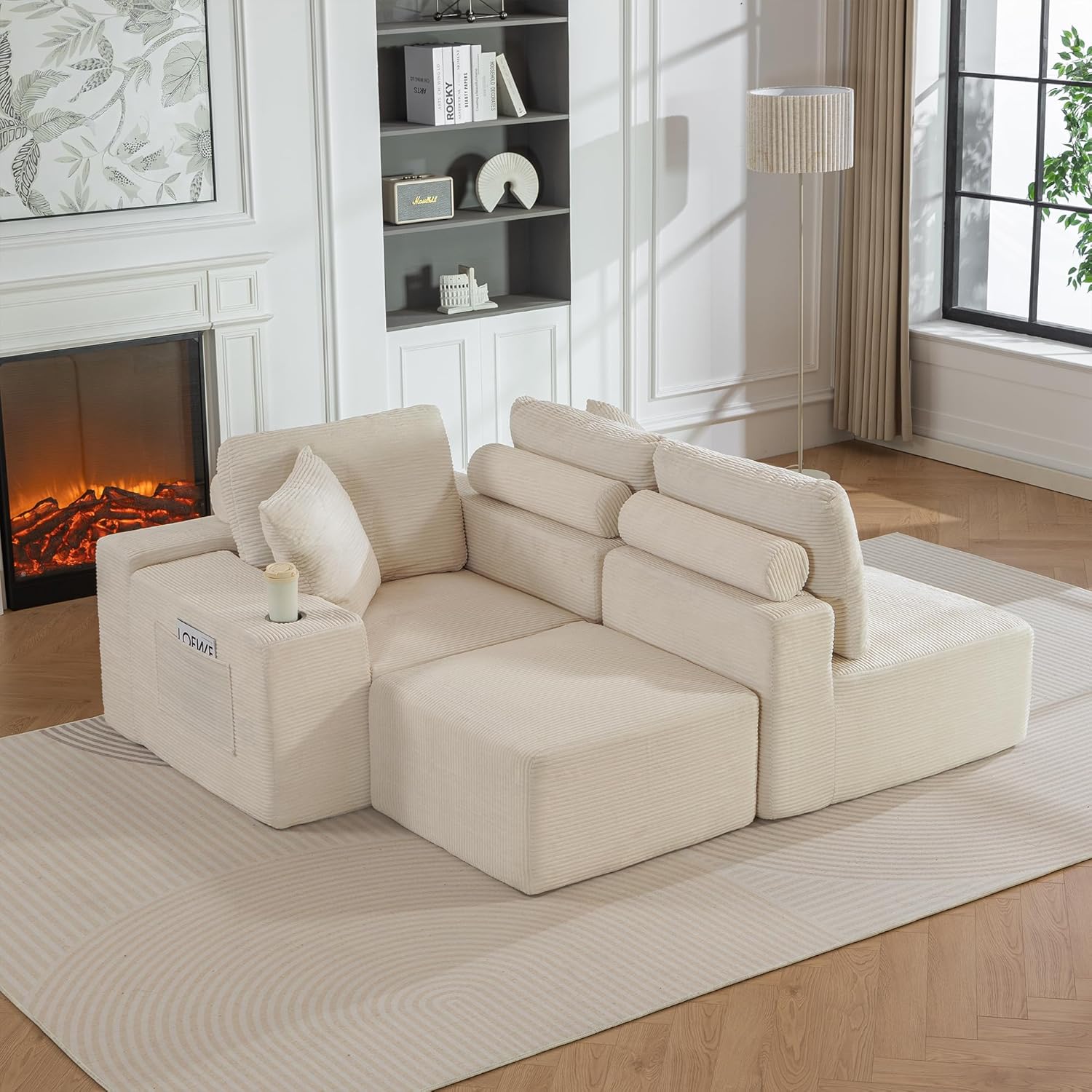 110"Modular Sectional Sofa Couches,Convertible L-Shape Cloud Couch 3 Seat Oversize Chaise with Ottoman,Compressed Foam,Comfy Boneless,Side Pockets,Cup Holders, for Living Room,Apartment,Corduroy Beige