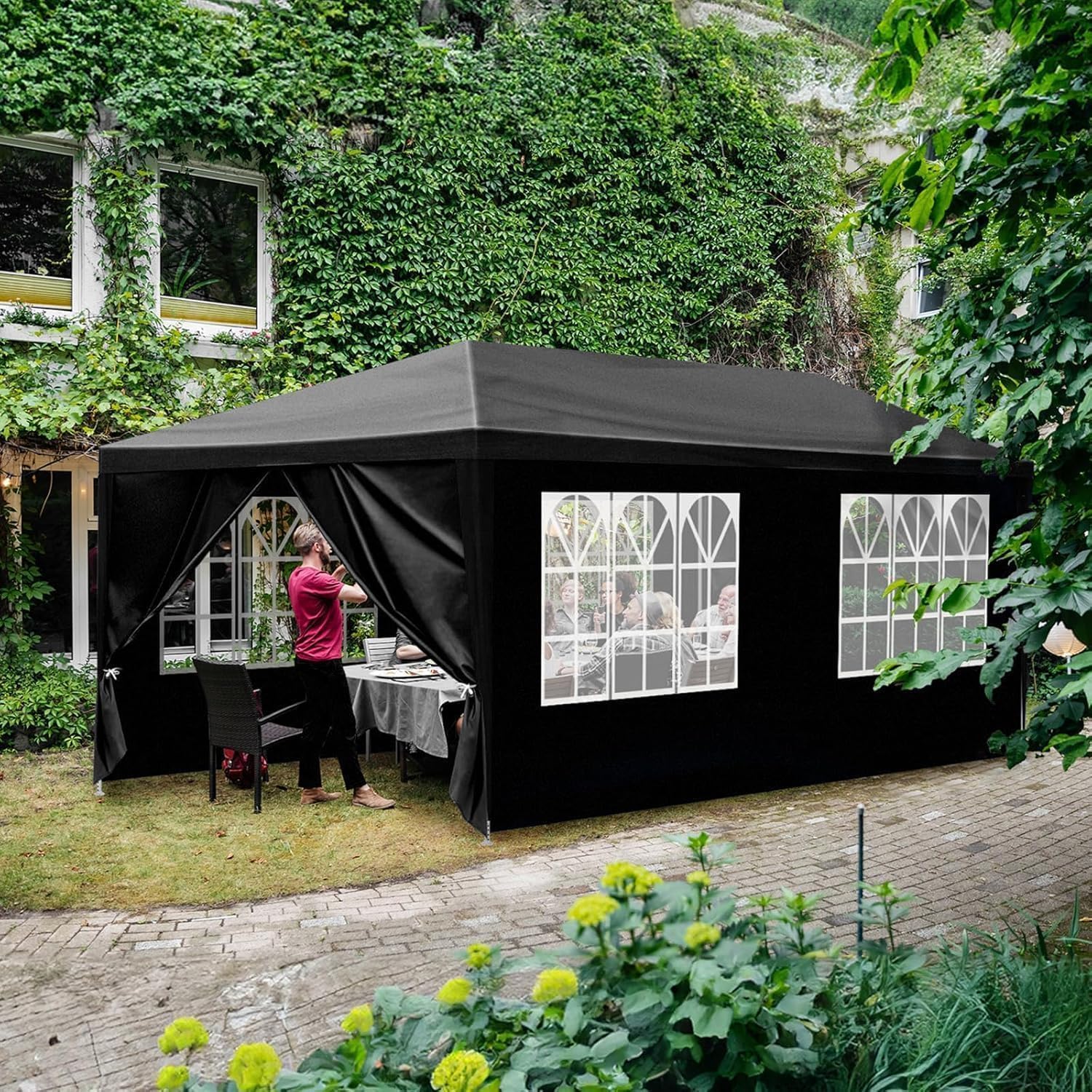 Party Tent, Tents for Parties, Outdoor Gazebo Wedding Patio Camping Carport Canopy Shade Canopy with Removable Sidewalls, Outside Event Tent for Garden, Backyard (10'x20' Six Sides Black)