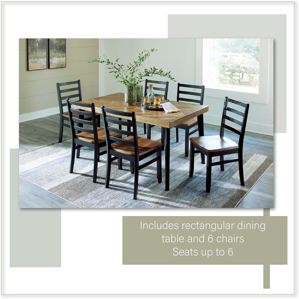 Signature Design by Ashley Blondon Rectangular Dining Room Table Set with 6 Chairs, Chevron Pattern, Tapered Legs, Seats 6, Wood, 60" Long, Brown & Black
