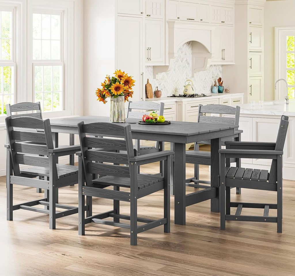SERWALL Outdoor HDPE Dining Table Set  7-Piece Outdoor Dining Table Sets with Umbrella Hole Cut-Out Table and 6 Chairs  Gray
