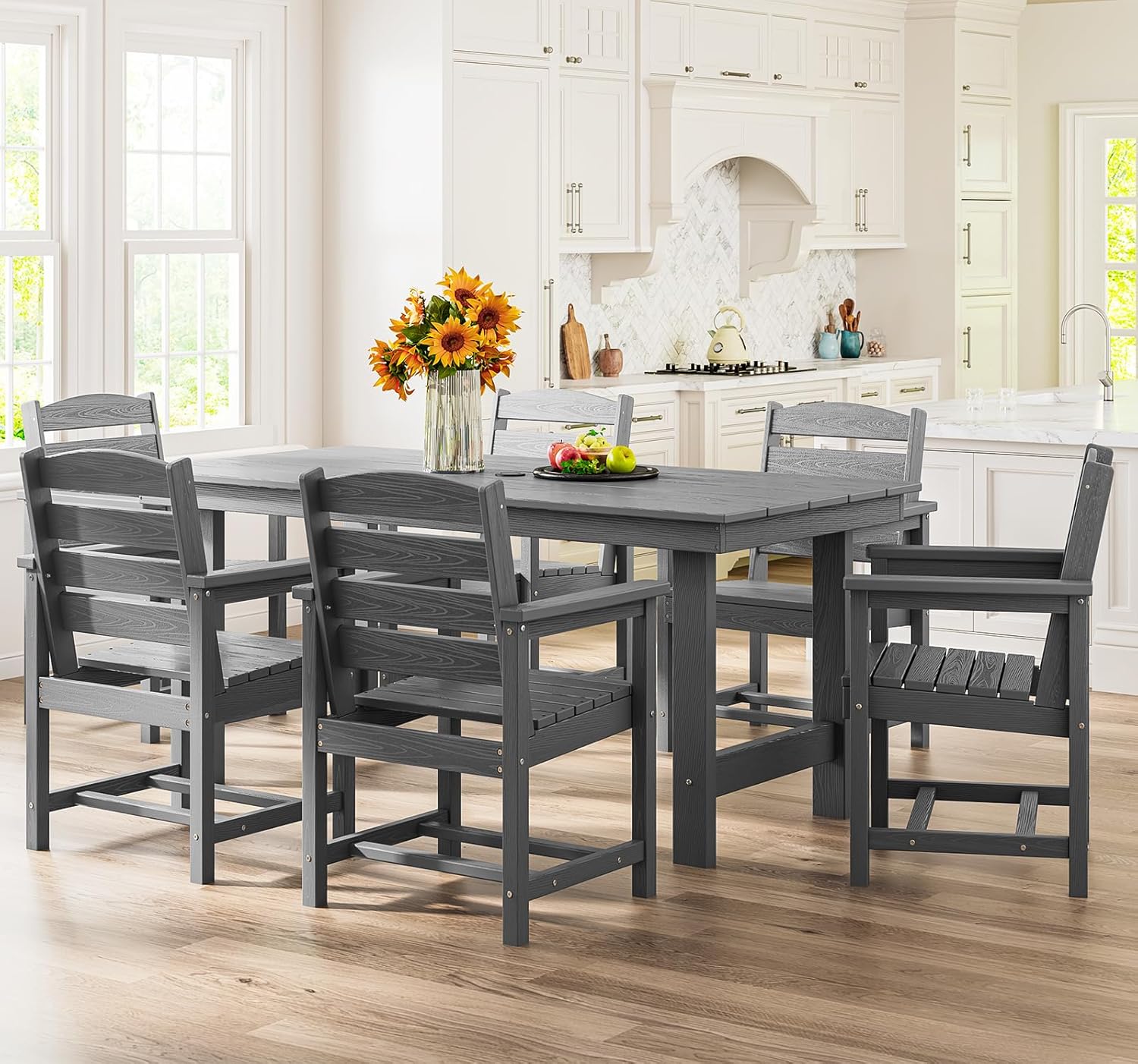 SERWALL Outdoor HDPE Dining Table Set  7-Piece Outdoor Dining Table Sets with Umbrella Hole Cut-Out Table and 6 Chairs  Gray