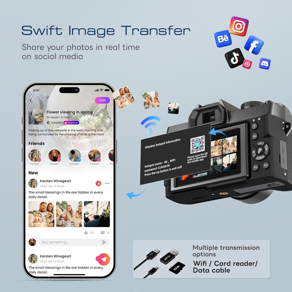 Digital Cameras for Photography with WiFi&App Control  Ture 4K&48MP Vlogging Camera for YouTube Compact 16X Zoom Autofocus  Anti-Shake for Entry-Level User  Beginners  Macro&Wide Lens-32GB Card(Black)