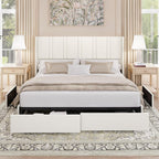 King Size Bed Frame with 4 Storage Drawers Linen Upholstered Platform Bed with Wingback Headboard, No Box Spring Needed, Easy Assembly, White
