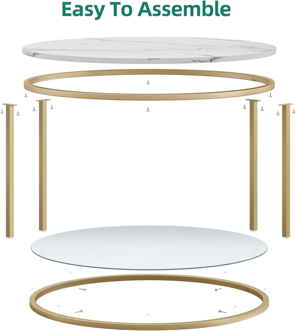 YITAHOME White Marble Round Coffee Table with Glass for Living Room, 2-Tier Circle Coffee Table with Storage Clear Coffee Table, Simple Modern Center Cocktail Table, White & Gold