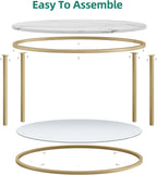 YITAHOME White Marble Round Coffee Table with Glass for Living Room, 2-Tier Circle Coffee Table with Storage Clear Coffee Table, Simple Modern Center Cocktail Table, White & Gold