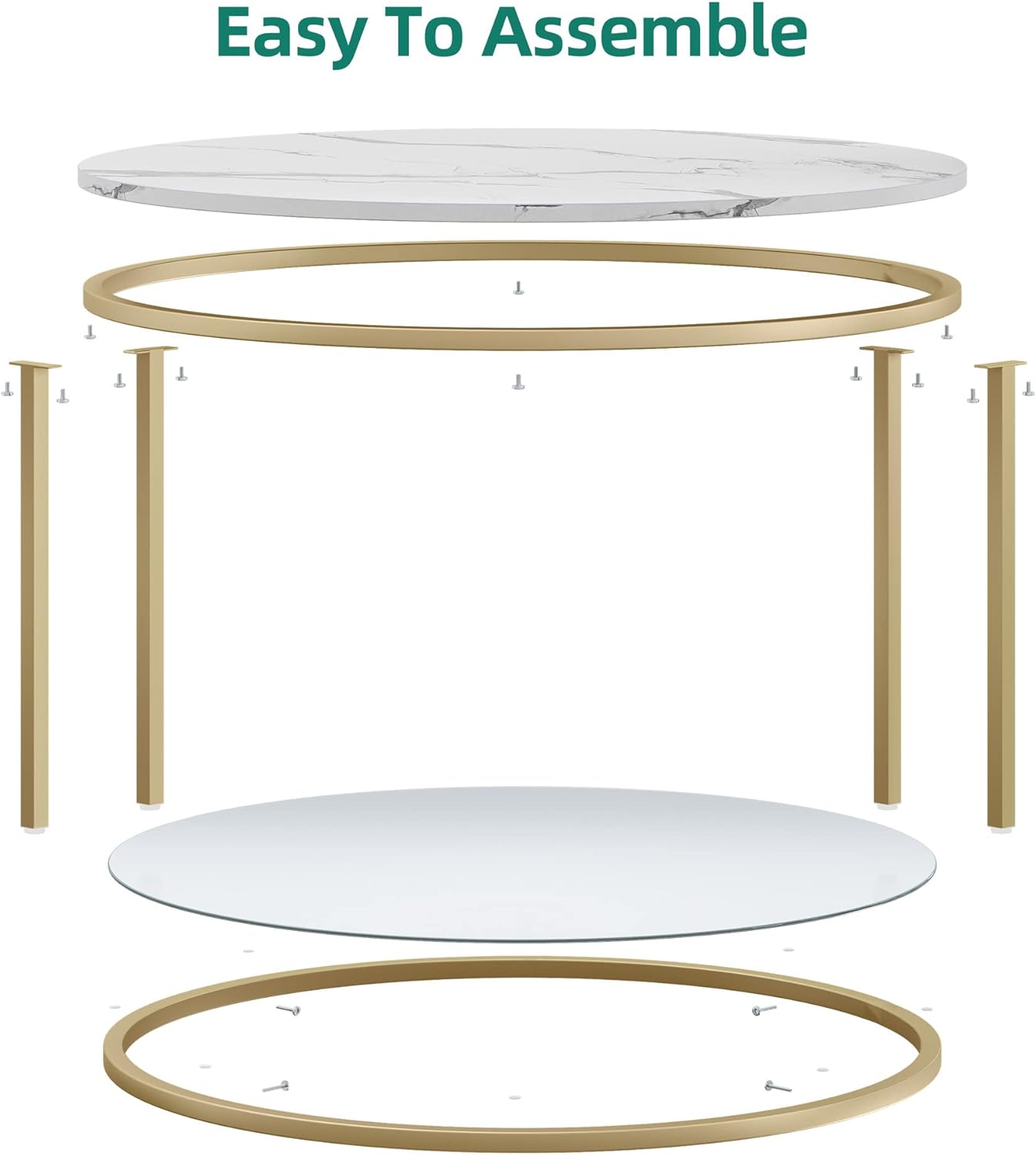 YITAHOME White Marble Round Coffee Table with Glass for Living Room, 2-Tier Circle Coffee Table with Storage Clear Coffee Table, Simple Modern Center Cocktail Table, White & Gold