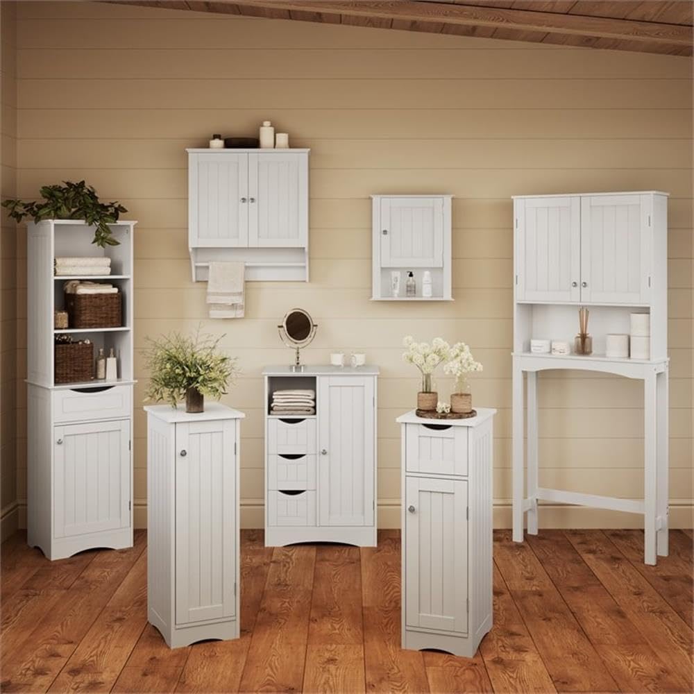 RiverRidge, White Ashland Bathroom Freestanding Storage Cabinet with Three Open Shelves and Drawer