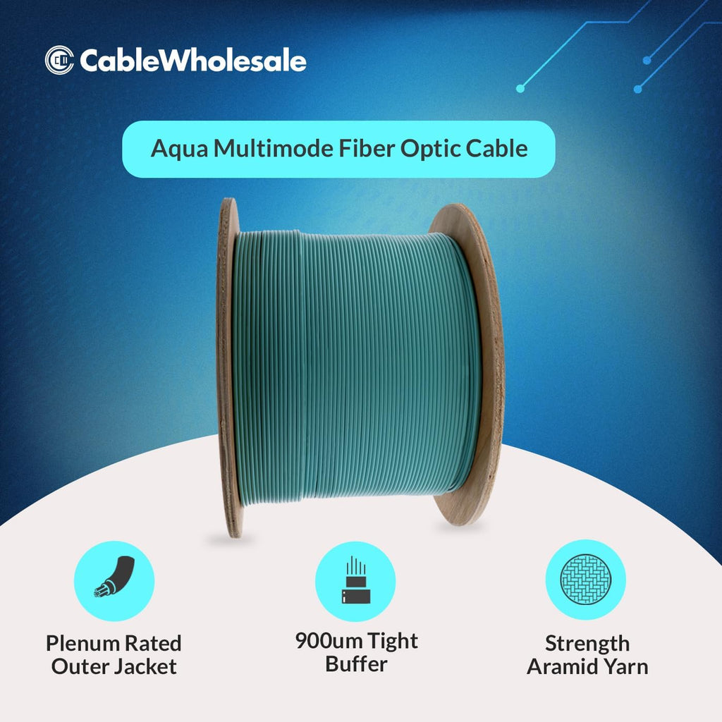 CableWholesale 500ft Aqua Armored 6 Strand Fiber Optic Cable  Multimode OM3 50/125 Micron  Corning ClearCurve  Plenum Rated  High-Speed 10Gbit  Indoor Safe - Networking Spool