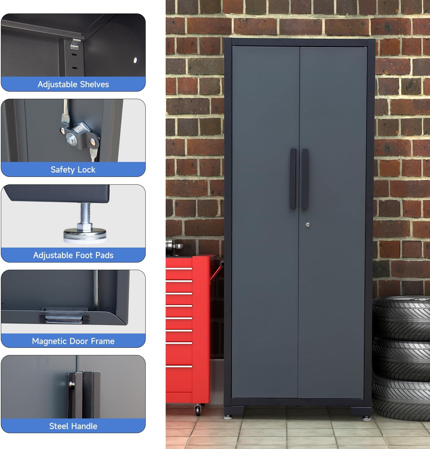 Metal Garage Storage Cabinet with 4 Adjustable Shelves and Locking Doors 75-inch Tall Tool Organizer Steel Lockers for Home, Office, Warehouse, Garage, 1Pc (Assembly Required)