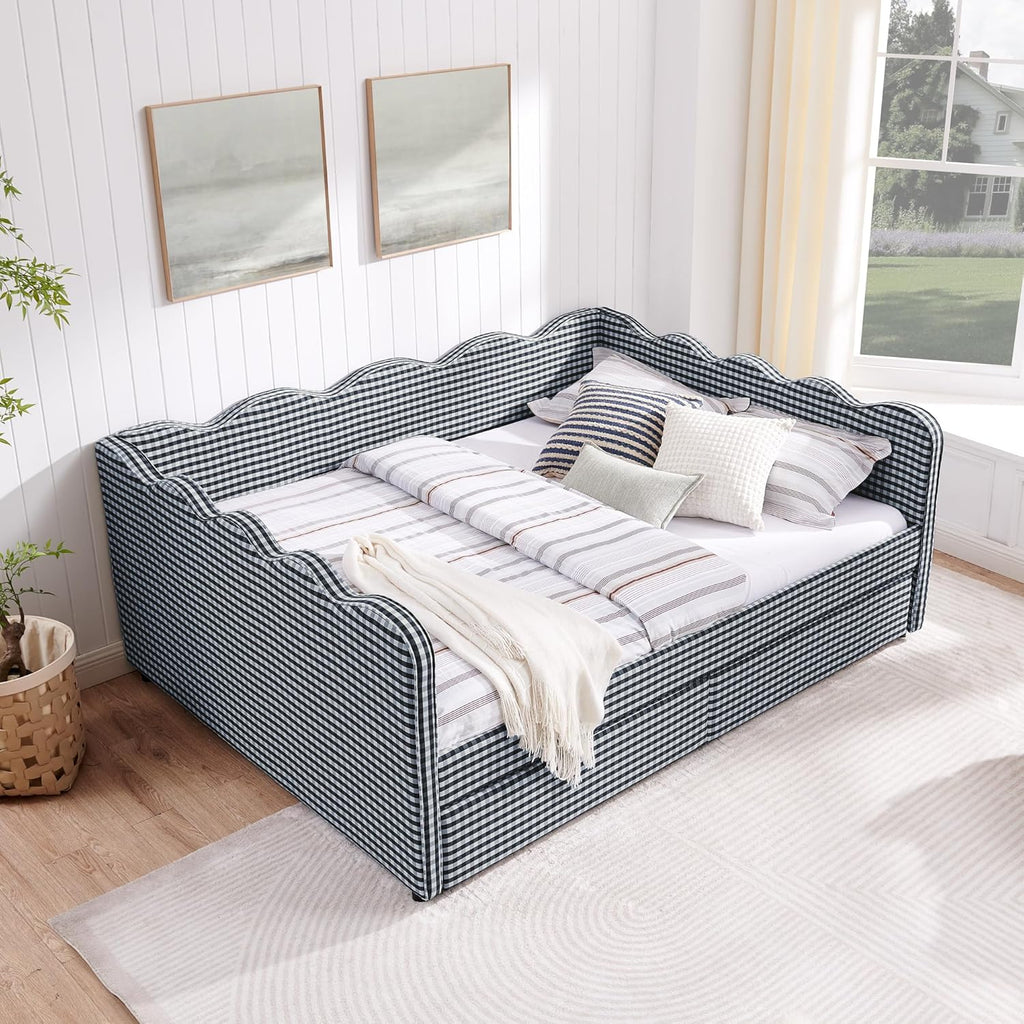DEINPPA Queen Size Upholstered Daybed with 2 Storage Drawers, Gingham Daybed with USB Ports for Bedroom Living Room Guest Room-Navy