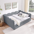 DEINPPA Queen Size Upholstered Daybed with 2 Storage Drawers, Gingham Daybed with USB Ports for Bedroom Living Room Guest Room-Navy
