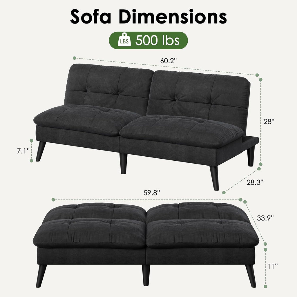 Vongrasig Futon Sofa Bed Velvet Futon Couch with Adjustable Backrest, Small Convertible Folding Sleeper Sofa Bed, Modern Loveseat for Living Room, Bedroom and Small Space, Black