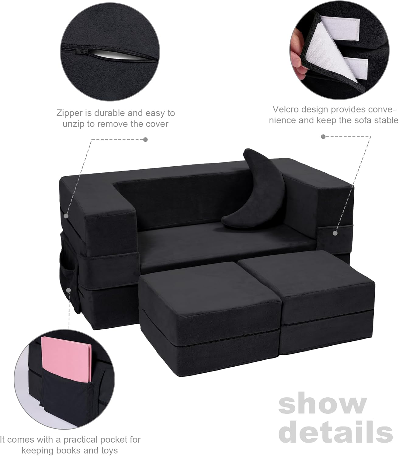 Elftopia Modular Kids Sofa,Toddler Couch Foam Armchair for Kids, Children Convertible Plush Sofa Play Set,Fold Out SofaBed(Black)