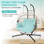 Double Egg Swing Chair with Stand Patio Rattan Wicker Hammock Chairs Outdoor Indoor Egg Swing Chair with Cushion Headrest 550 Lbs Capacity for Bedroom Balcony Garden Porch Backyard, Blue