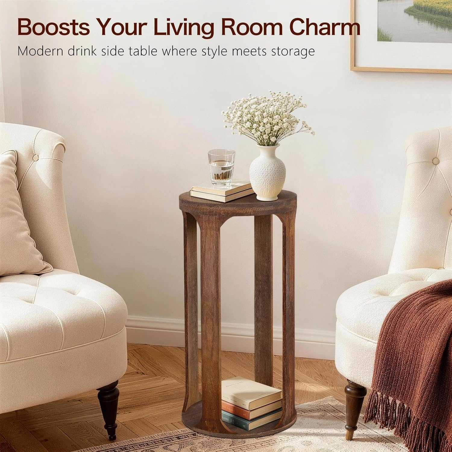 Wooden Drink Table, Pedestal Round End Table, Walnut Brown Nightstand Accent Tables, Small Side Tables for Living Room Plant Stand, Bedroom, 12" x 24"