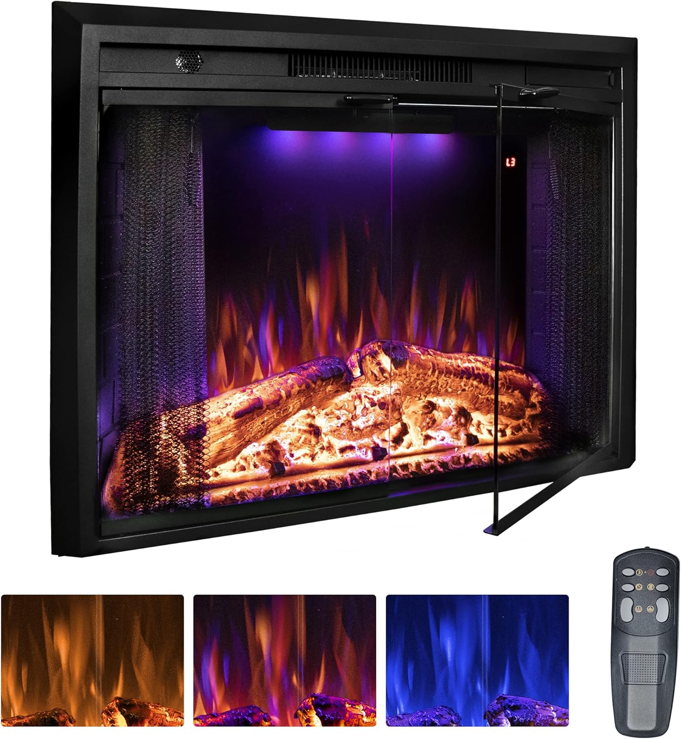 Benrocks 36” Electric Fireplace Inserts with Glass Door and Mesh Screen, Multicolor Flames & Fire Crackling Sounds, Timer, Overheating Protection Fireplace Heater, 750/1500W
