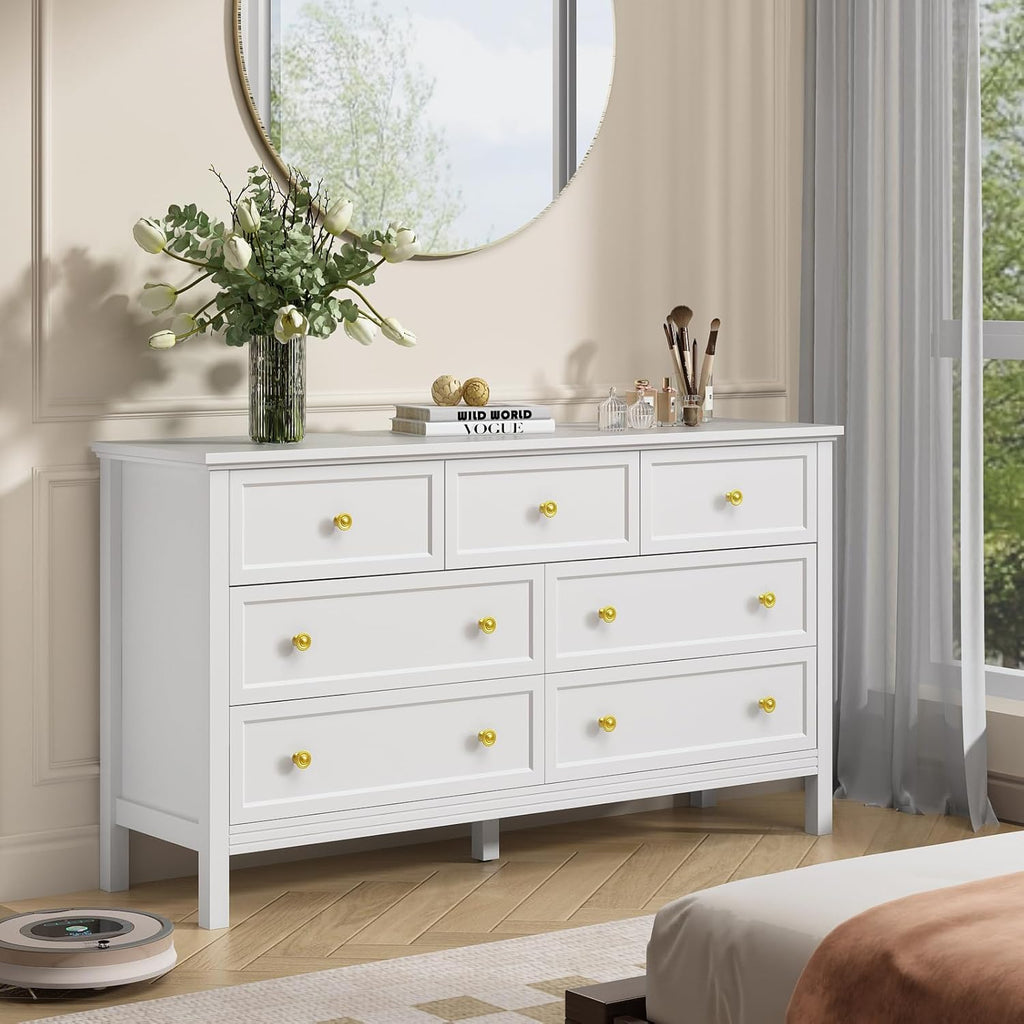 CARPETNAL White Dresser for Bedroom, 7 Drawer Dresser with Wide Drawers and Gold Metal Handles, 55" White and Gold Dressers TV Stand, Modern Dressers & Chests of Drawers for Hallyway, Entryway.