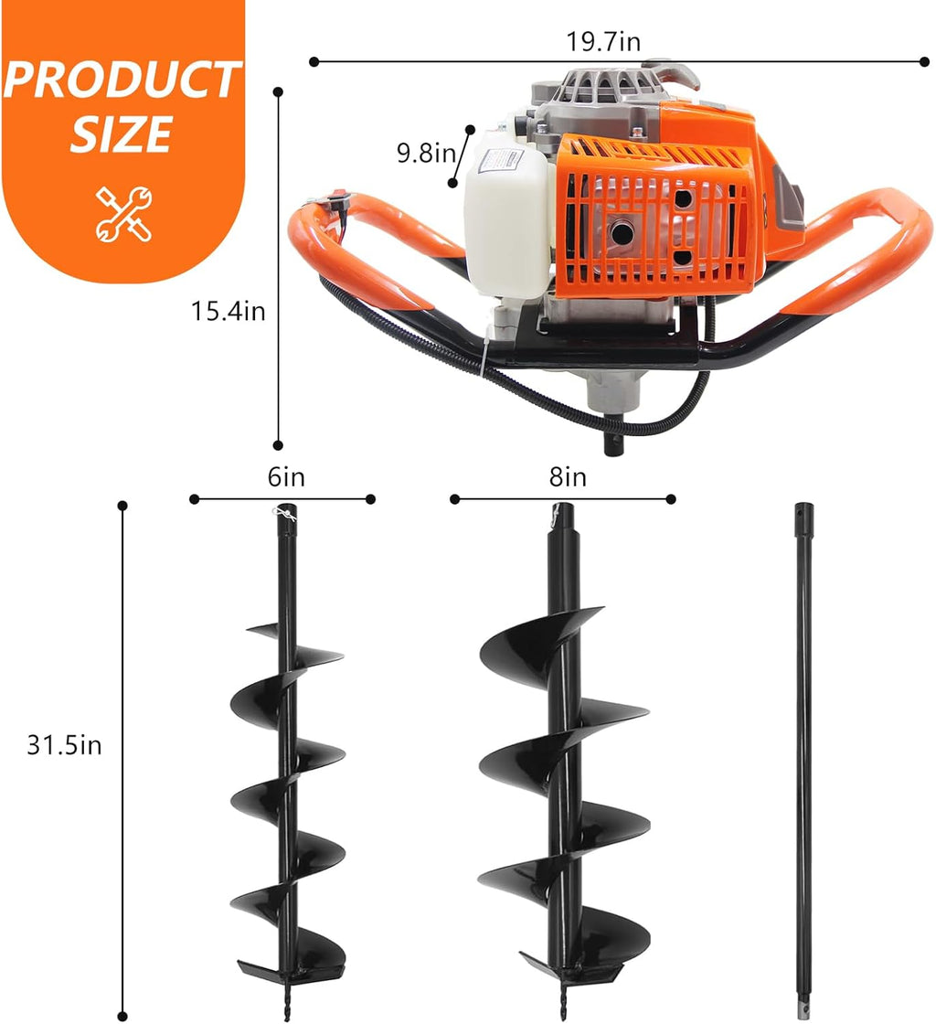72CC Auger Post Hole Digger  2 Stroke Gas Powered Earth Post Hole Digger with 2 Auger Drill Bits(6" & 8") + 1 Extension Rods for Farm Garden Plant  Orange (72CC)