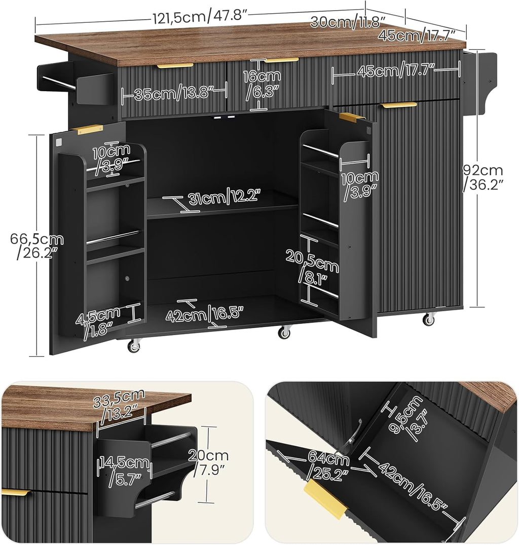 Mobile Kitchen Island with Folding Drop Leaf Countertop, Rolling Kitchen Island Cart with Trash Can Storage, Drawers, Adjustable Shelf, Spice Rack, for Dining Room, Black and Walnut MZD08BL
