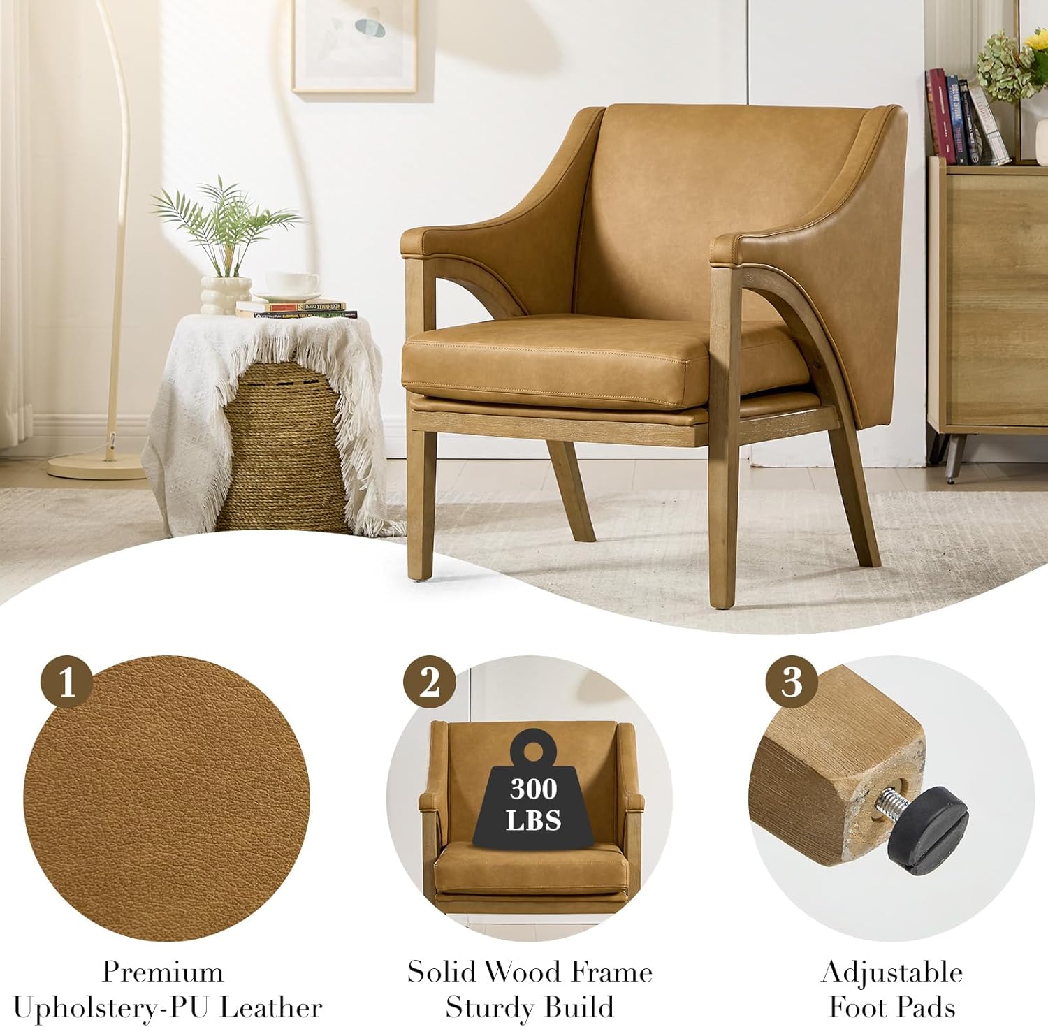 Mid Century Modern Accent Chairs Set of 2 with Barrel Back, Upholstered Armchair Comfy Reading Chairs with 4" Thick Cushion, Solid Wood Legs for Living Room/Bedroom/Reading Corner, PU Fabric, Brown