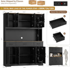 HOSTACK 71" Tall Pantry Cabinet with Charging Station, 55" Wide Kitchen Pantry Storage Cabinet with Countertop, Large Kitchen Hutch with Storage Drawers and Microwave Stand for Dining Room, Black