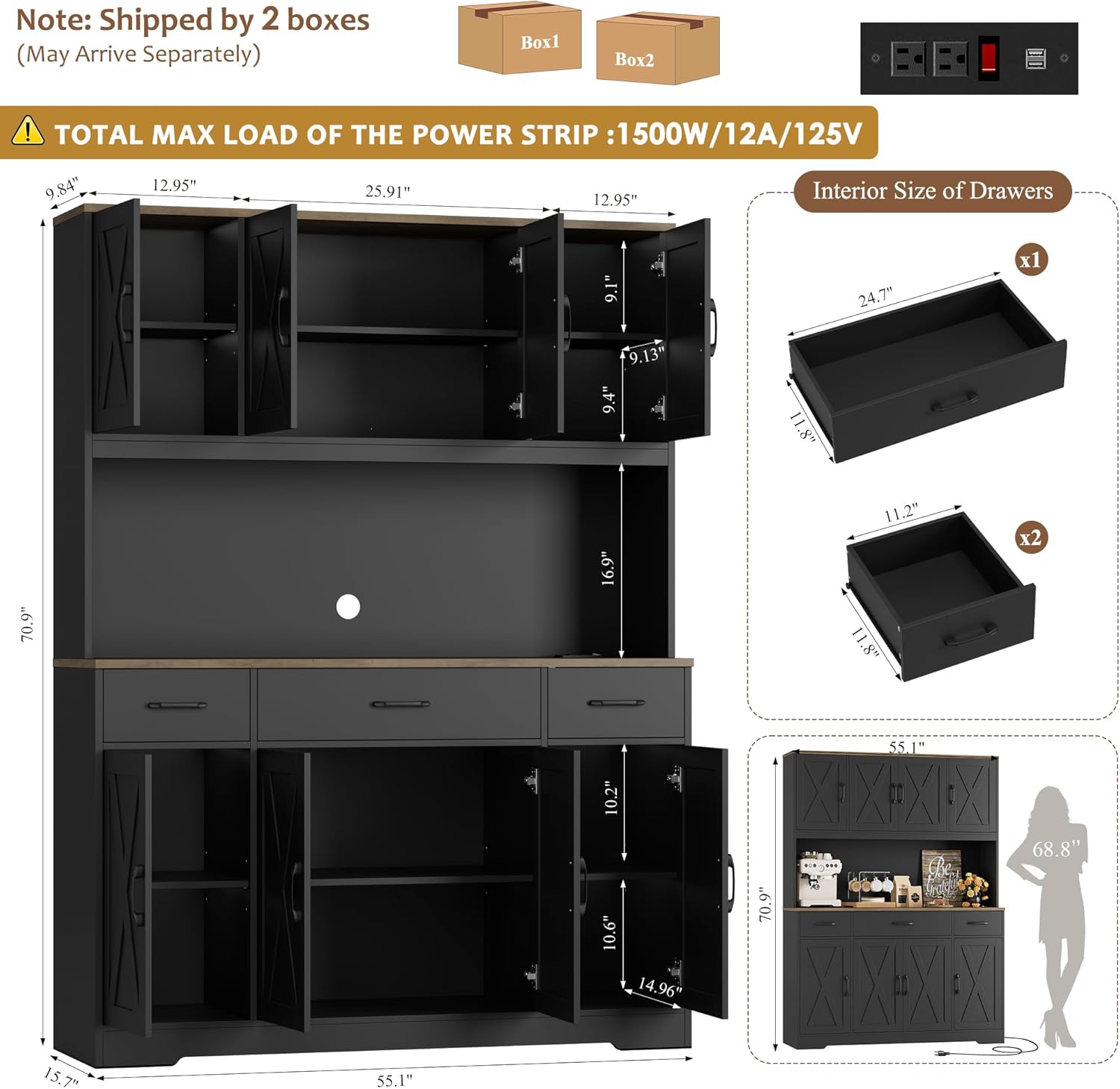 HOSTACK 71" Tall Pantry Cabinet with Charging Station, 55" Wide Kitchen Pantry Storage Cabinet with Countertop, Large Kitchen Hutch with Storage Drawers and Microwave Stand for Dining Room, Black
