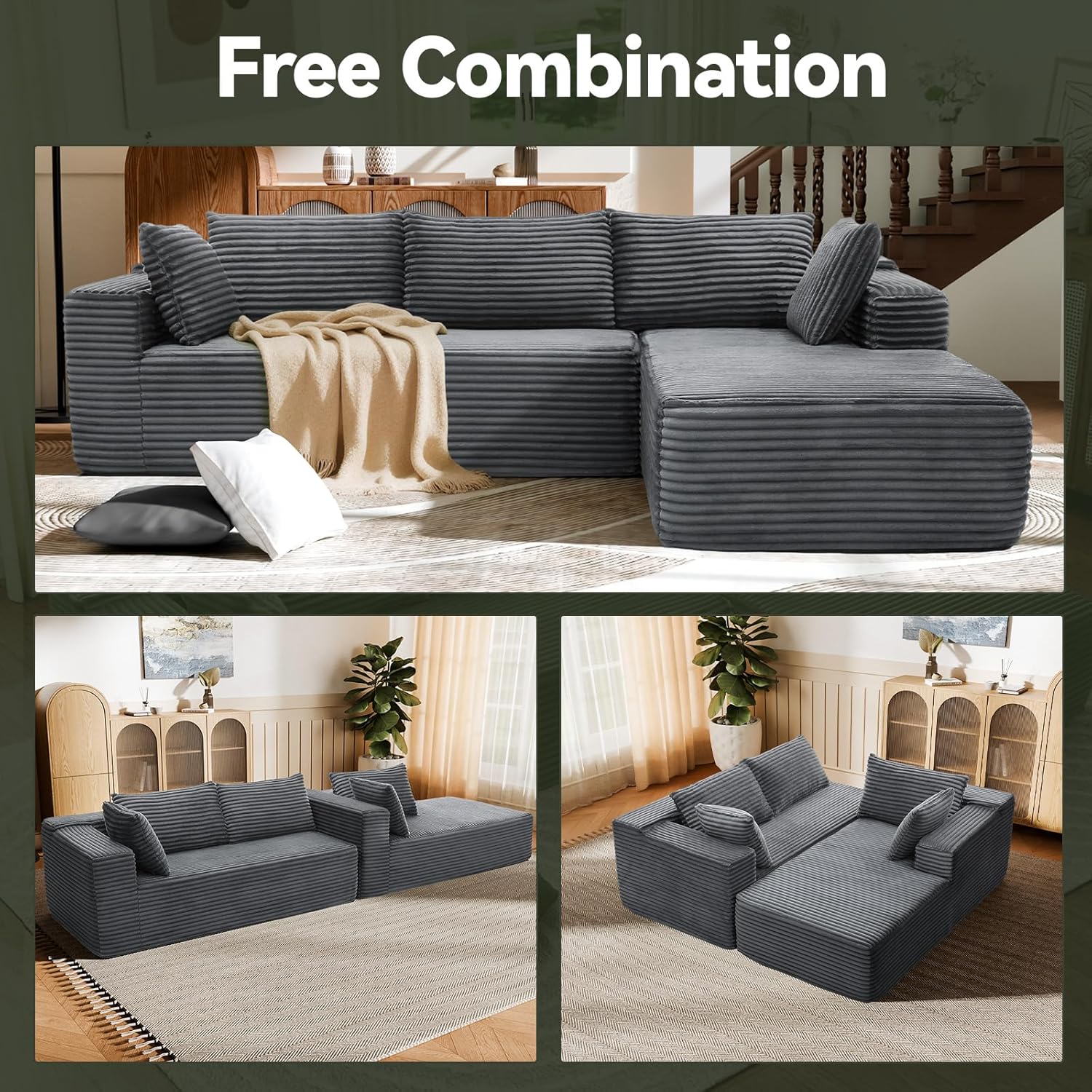 106" Modular Sectional Sofa, Grey Corduroy Cloud Couch with Left Chaise, Deep Seat Boneless Floor Sofa for Living Room, High-Resilience Foam Support, No Assembly Required, Includes Pillows | Sectional Sofa, Corduroy Cloud, Boneless, High-Resilience,