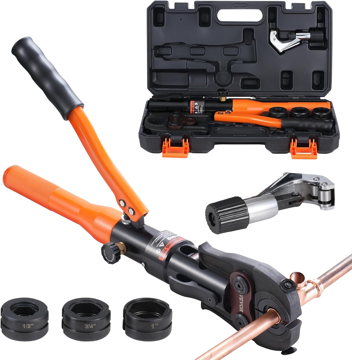 VEVOR Copper Pipe Crimping Tool, Hydraulic Driven Press Tool with 1/2", 3/4", 1" Jaws, Copper Tube Fittings Pipe Crimpers for Narrow Spaces and Tee Fittings