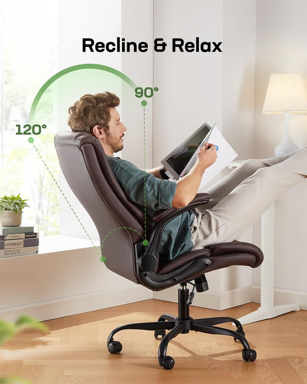 Marsail Executive Office Chair with Flip-up Armrests,PU Leather Ergonomic Desk Chair Height-Adjustable Swivel Rolling Desk Chair
