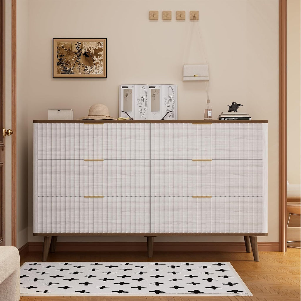 Fluted 6 Drawers Dresser, 47" Wide Wooden Chest of Drawers, Modern Mid Century Storage Closet Long Large TV Stand for Bedroom, Living Room,Hallway, Entryway, Nursery Room, Beige + Walnut