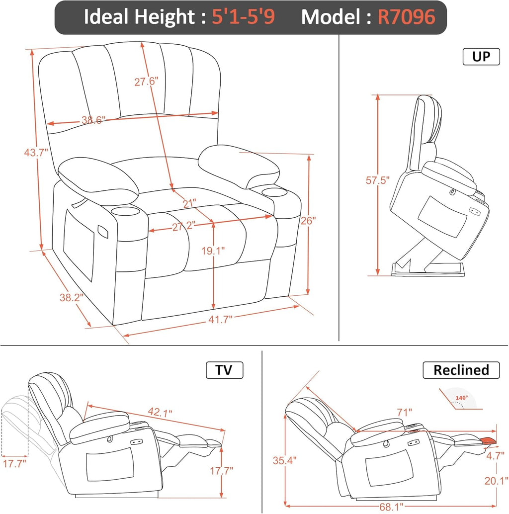 MCombo Power Lift Recliner Chair for Elderly, Lift Chair with Heat and Massage, Extra Wide Lift Recliner for Big People, Faux Leather R7096 (Medium-Wide, Grey)