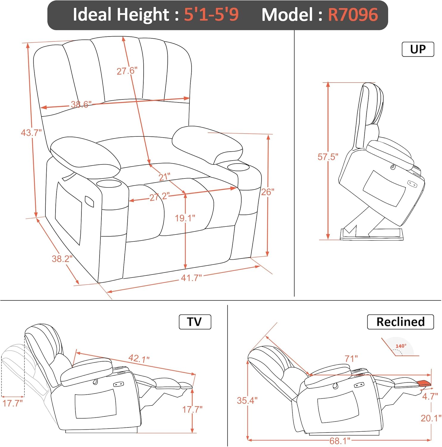 MCombo Power Lift Recliner Chair for Elderly, Lift Chair with Heat and Massage, Extra Wide Lift Recliner for Big People, Faux Leather R7096 (Medium-Wide, Grey)