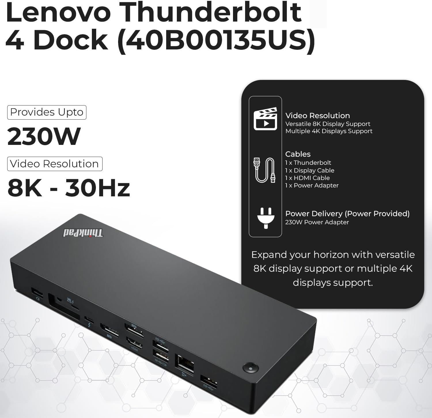 40B00135US Lenovo Thinkpad Docking Station USB C - 1 Year Warranty  Supports 4K Display  Thunderbolt 4 Dock with 135W Adapter  HDMI  DisplayPort  Thunderbolt Cables & Cloth - Lenovo Docking Station