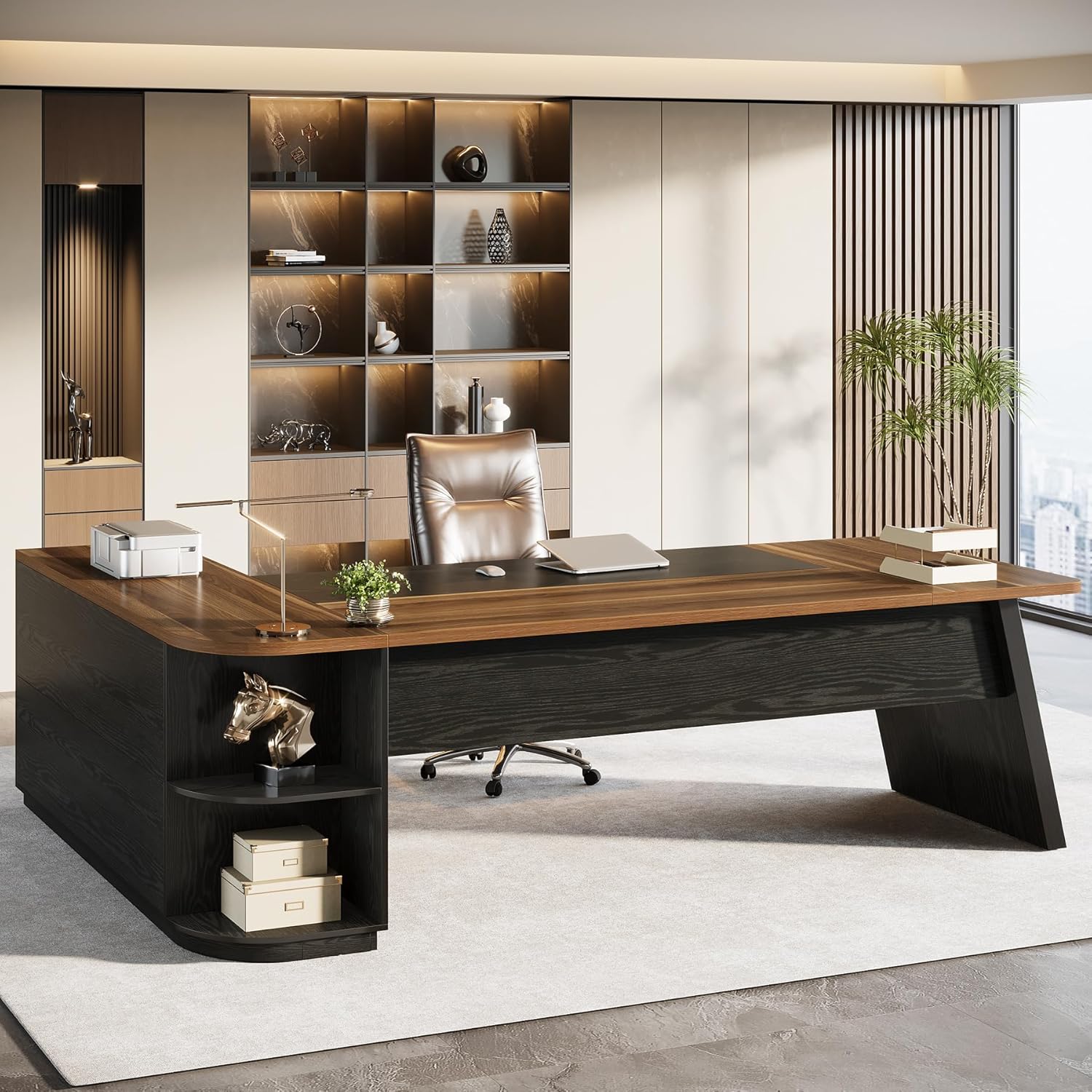 Tribesigns 79-Inch Executive Desk, Large Office Desk with Cabinet, L-Shaped Compter Desk with Storage Shelves, Writing Table for Home Office, Brown and Black