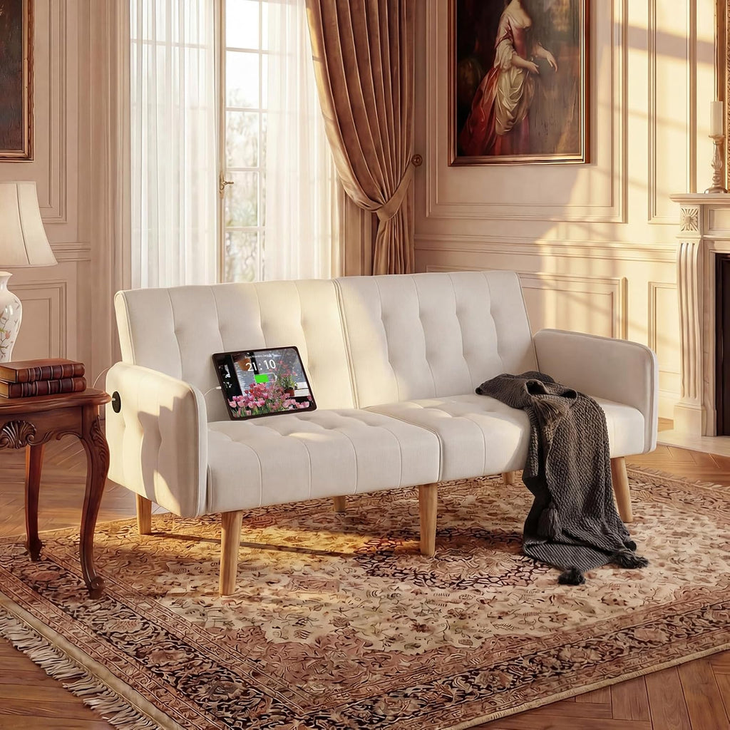 TYBOATLE Modern White Faux Leather Upholstered Convertible USB Folding Futon Sofa Bed, 65" Couch, Love Seats Furniture for Small Space Configuration, Apartment, Dorm, Living Room, Office