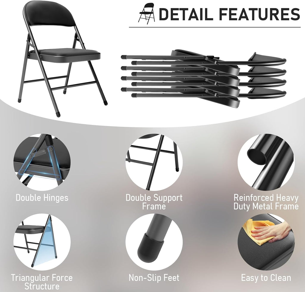 Black Padded Folding Chairs 6 Pack, 350LBS Heavy-Duty Steel Frame Foldable Chairs for Indoor Outdoor Wedding Party Dining Events