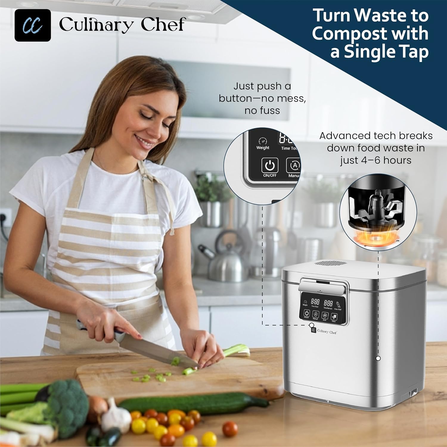 MAGNAVOX Home Culinary Chef Series, 1GALLON Smart Electric Food Waste Composter, Stainless Steel