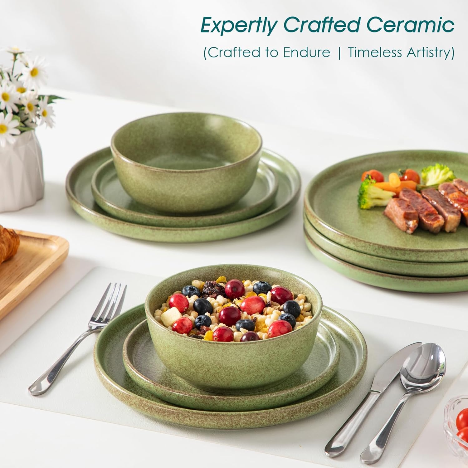 vancasso Plates and Bowls Sets, 18 Pieces Modern Ceramic Dinnerware Set for 6, Dish Set for Kitchen, Dinner Set Stoneware Dishware Set Microwave and Dishwasher Safe, Green, Series ZERMATT